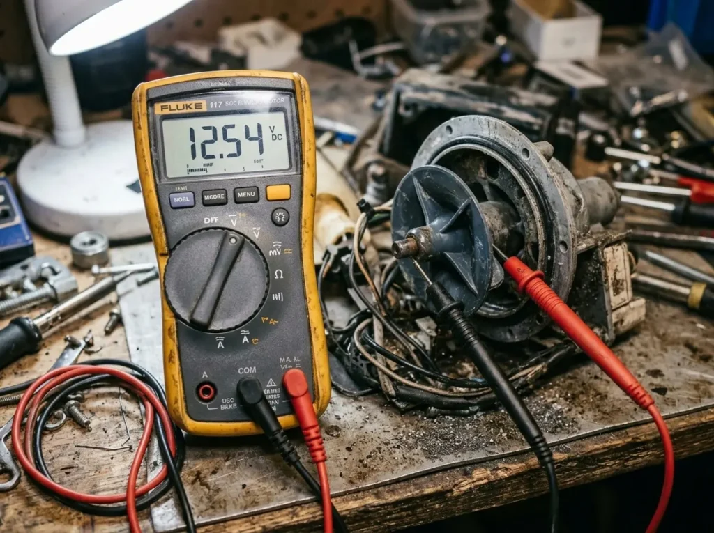 Multimeter probes testing continuity on a washer drain pump's electrical terminals