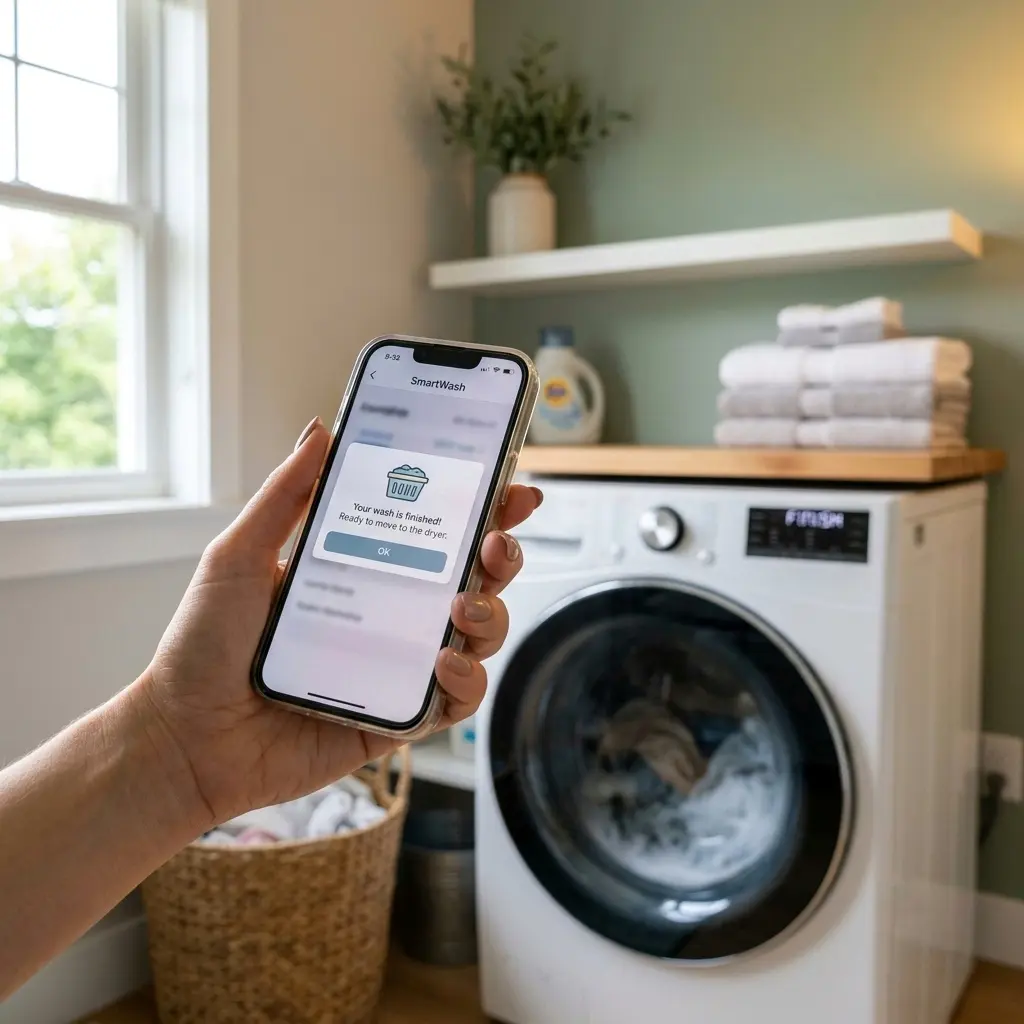Smartphone showing laundry app end of cycle notification