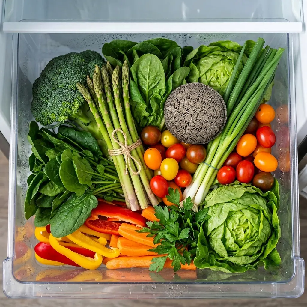 Zeolite odor absorber ball placed inside a refrigerator produce drawer with vegetables