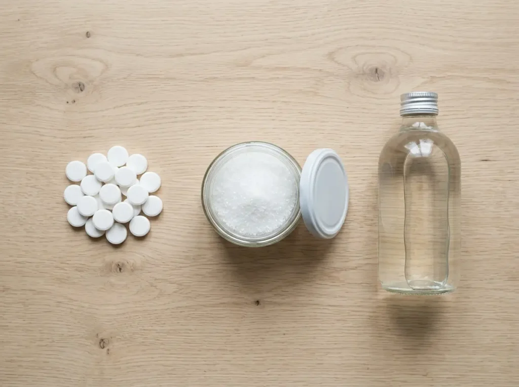Flat lay comparing a cleaner tablet, citric acid powder jar and vinegar bottle for the cleaner vs DIY washer decision