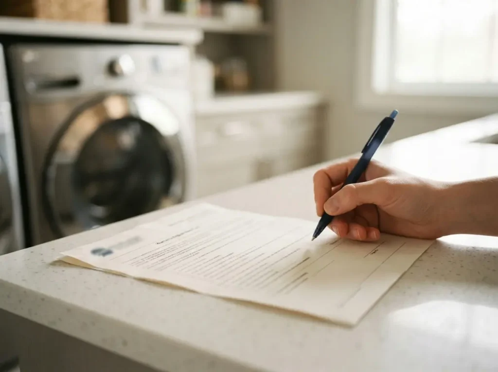 Close-up of a hand signing a warranty document for an appliance purchase