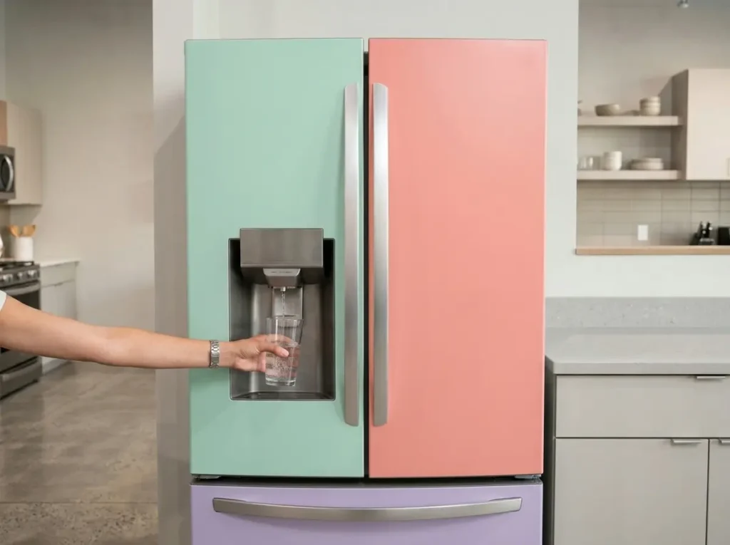 Refrigerator with pastel colored swappable exterior panels