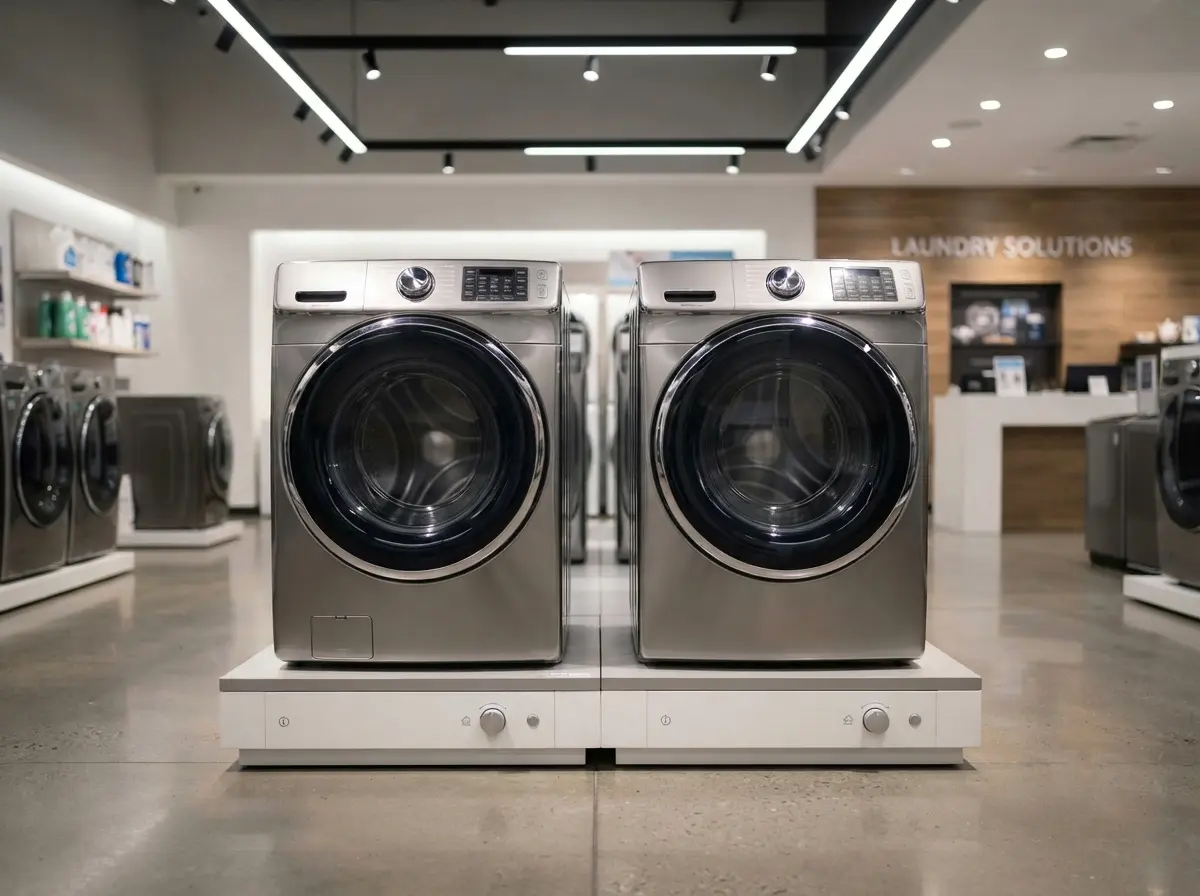 Two front load washing machines side by side in a modern laundry room