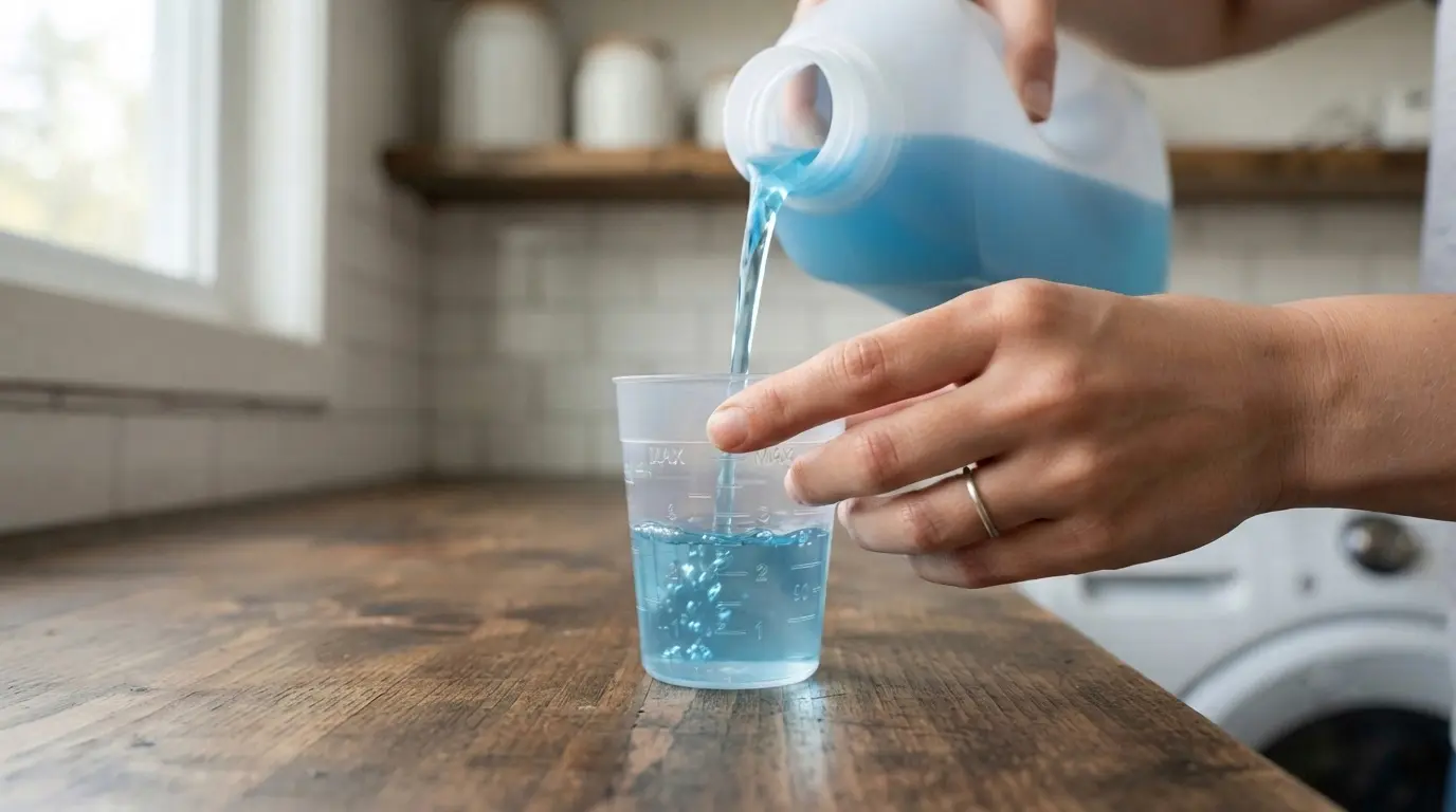Pouring liquid detergent into a measuring cup