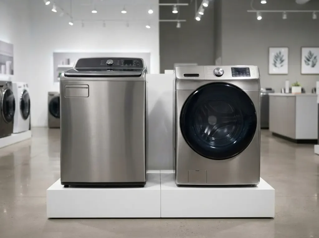 whirlpool cabrio Top load and front load washer displayed side by side in a showroom