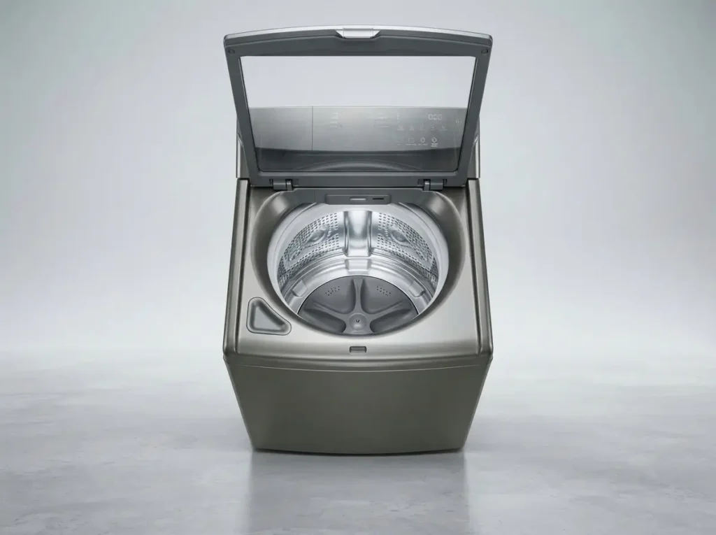 Top load washer with lid open showing an empty drum