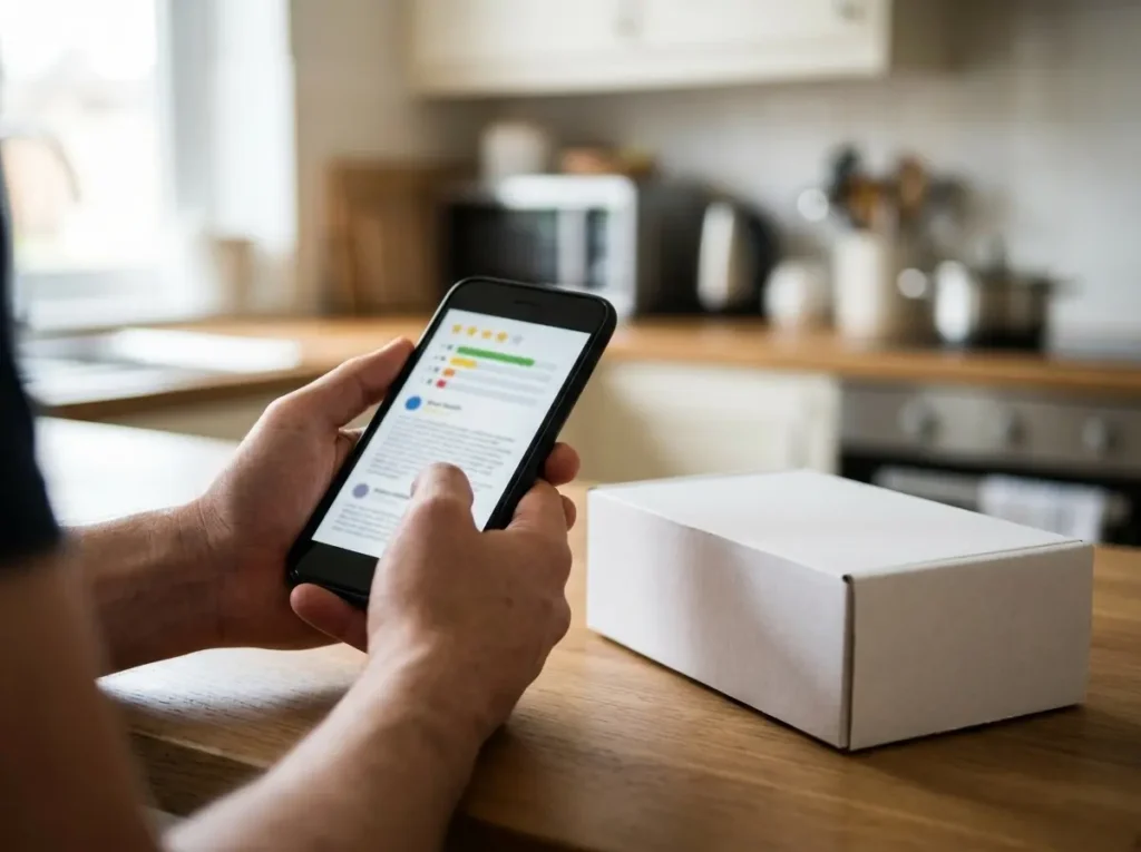 A person's hands holding a smartphone while checking online seller reviews next to a water filter box