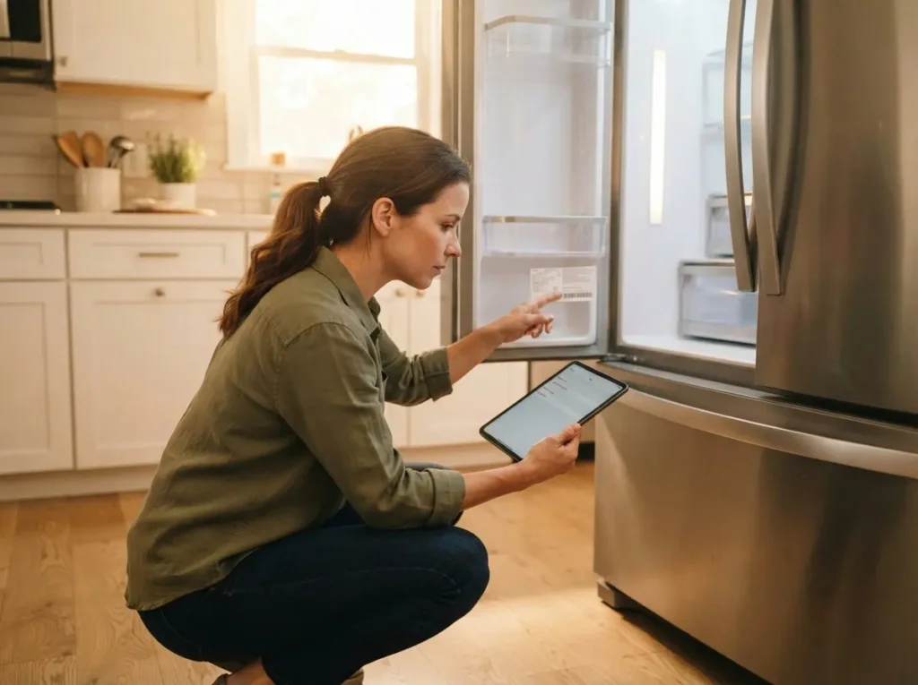 Homeowner checking a refrigerator model number against a recall list on a tablet