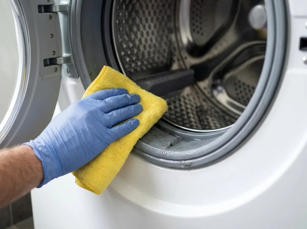 Wiping the rubber door gasket to check for trapped debris and mold