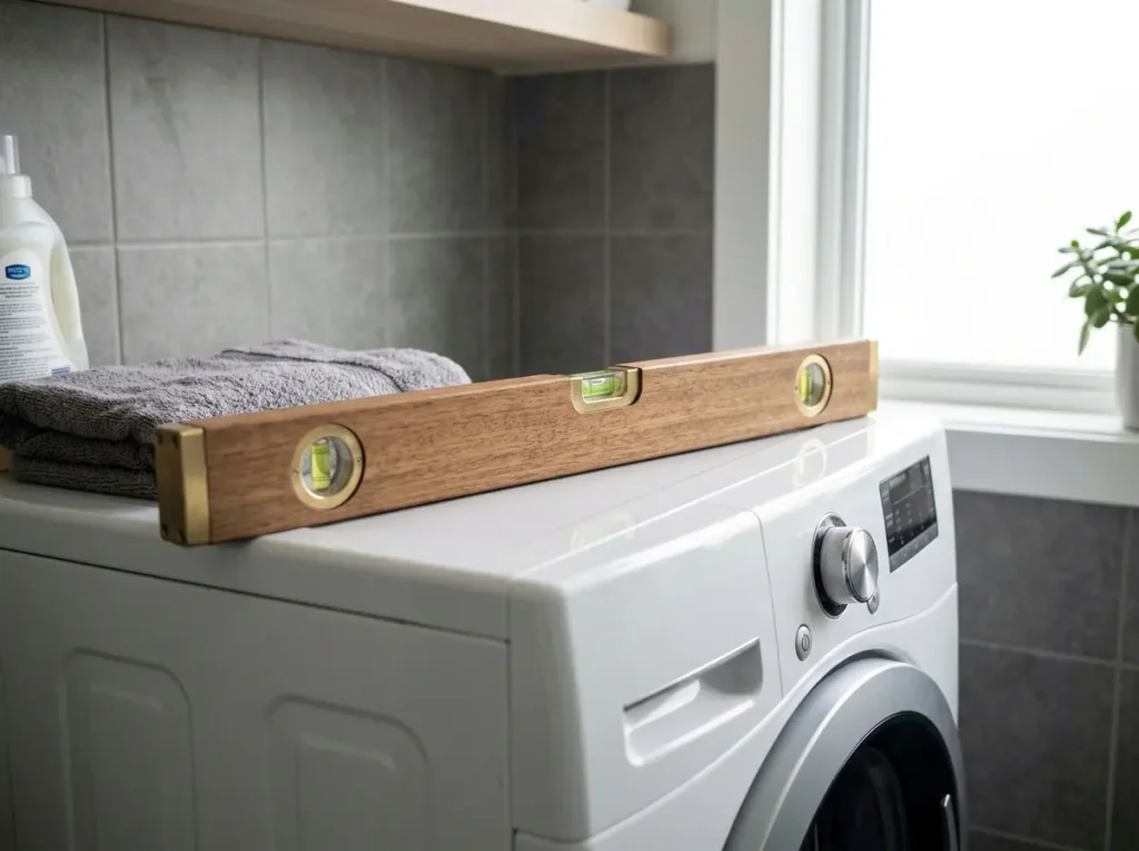 Using a carpenter's level to check if a washing machine is level and stable