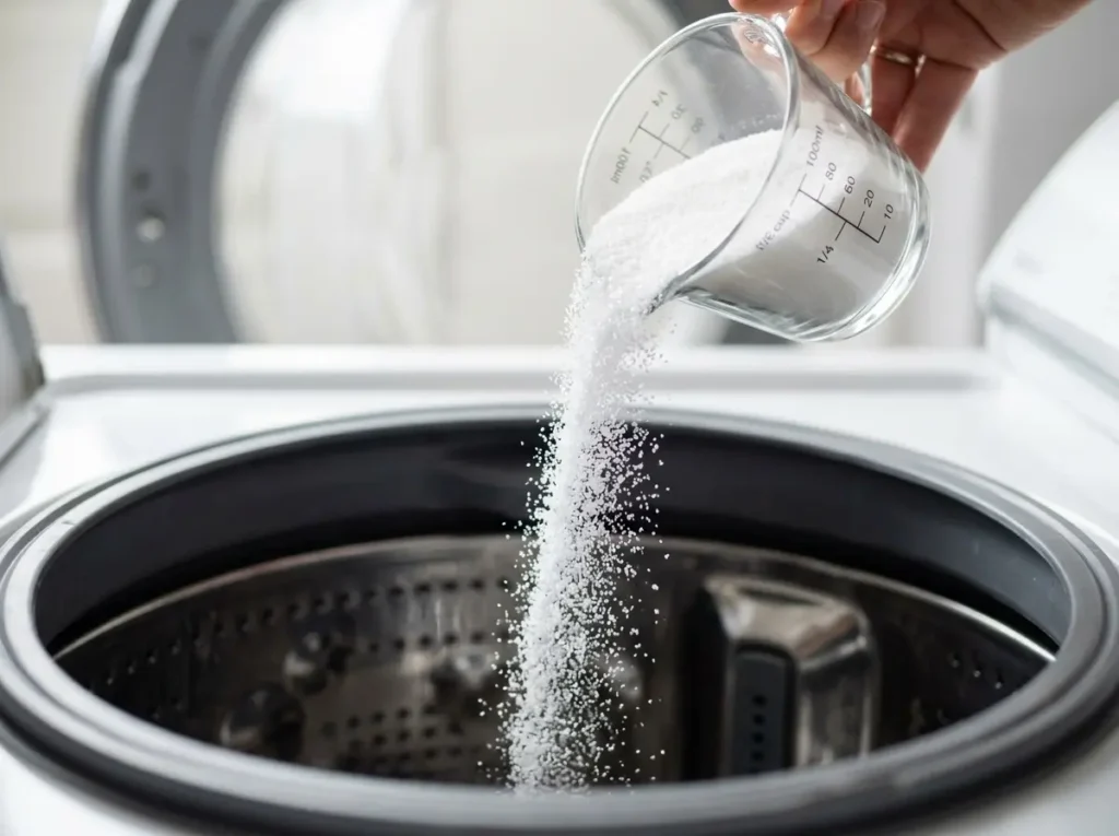 Half a cup of citric acid powder being poured into a washing machine drum as a DIY cleaner