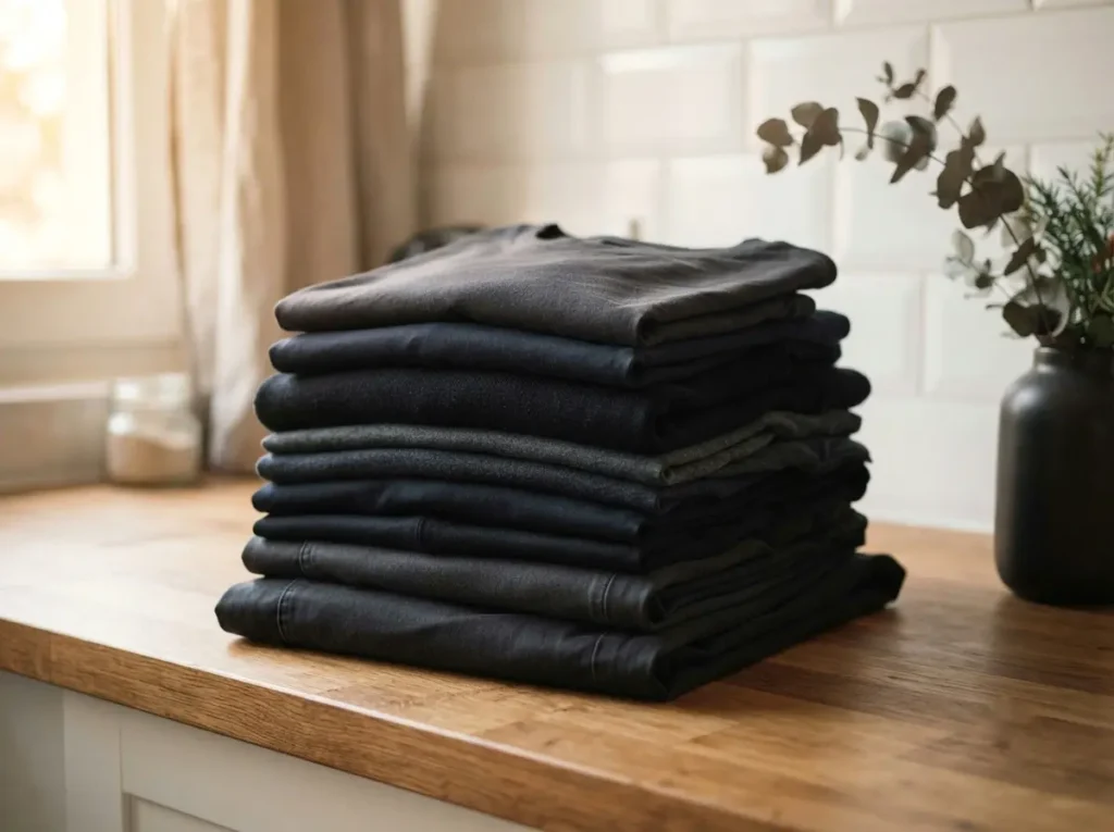 Neatly folded dark clothing with no visible residue