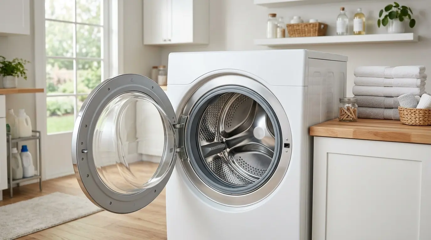 Front-load washing machine with open door and spotless stainless steel drum, cleaner vs DIY washer cleaning guide