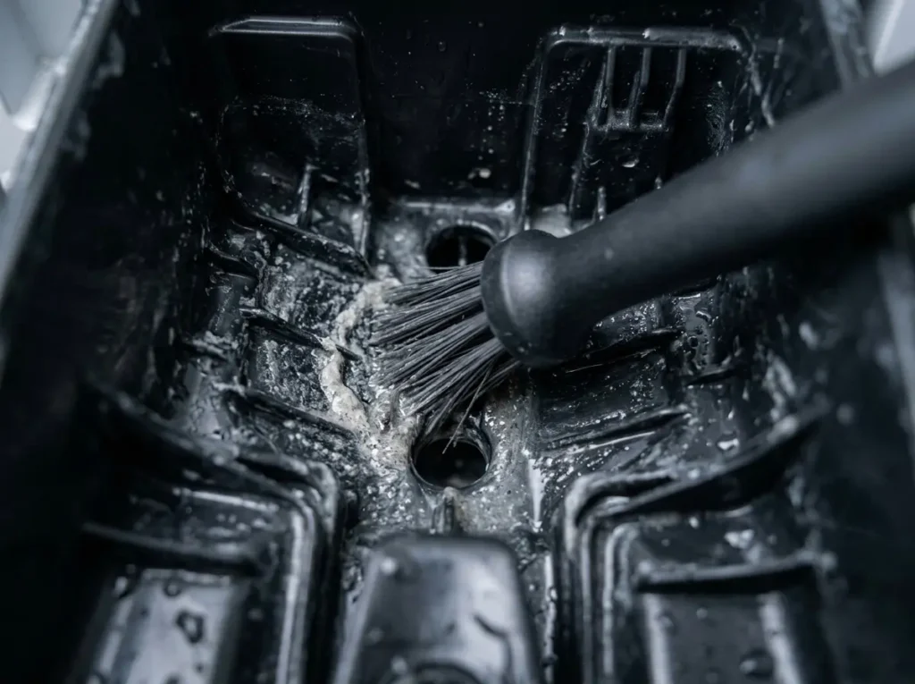 Brush cleaning inside a detergent dispenser housing