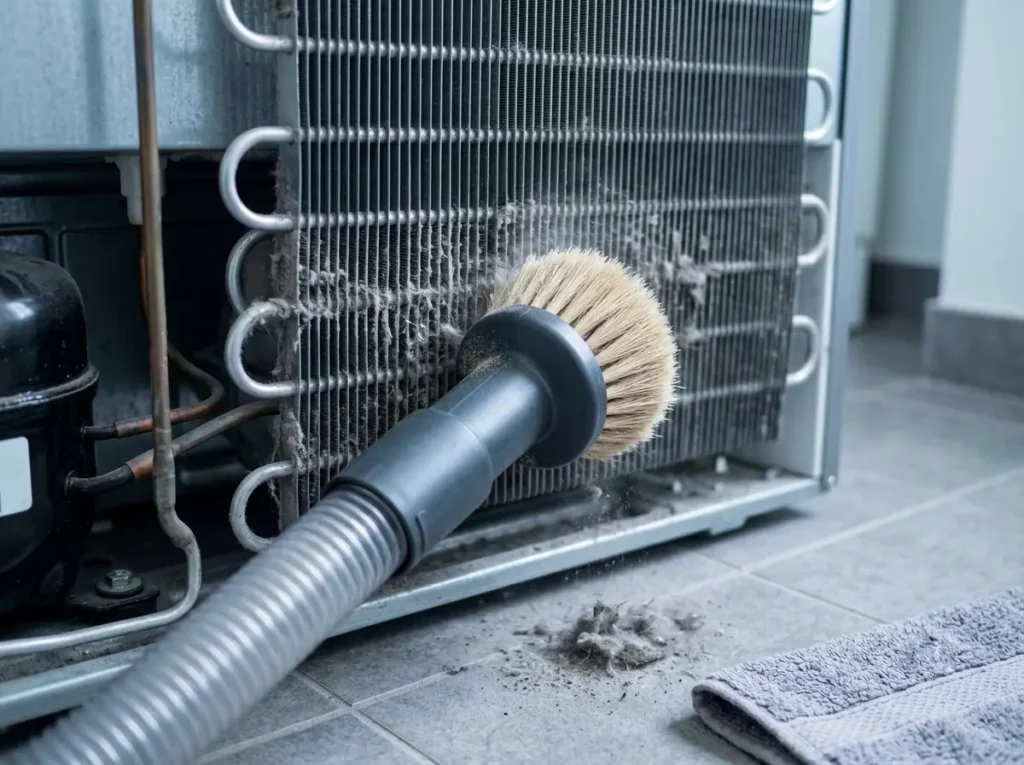 Vacuuming dust and pet hair from refrigerator condenser coils