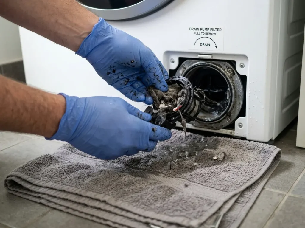 Cleaning trapped lint and debris from a washing machine drain pump filter