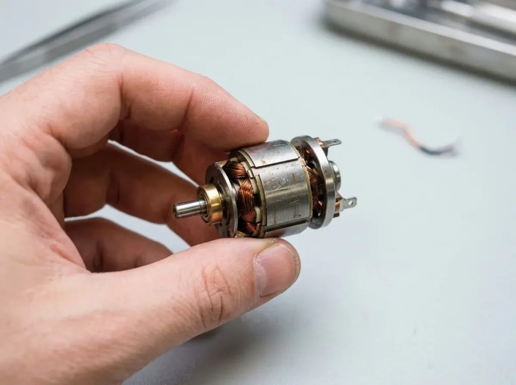 Technician holding a small compressor motor component