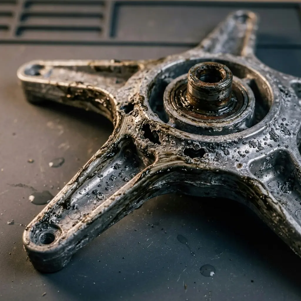 Corroded spider arm removed from a washer drum
