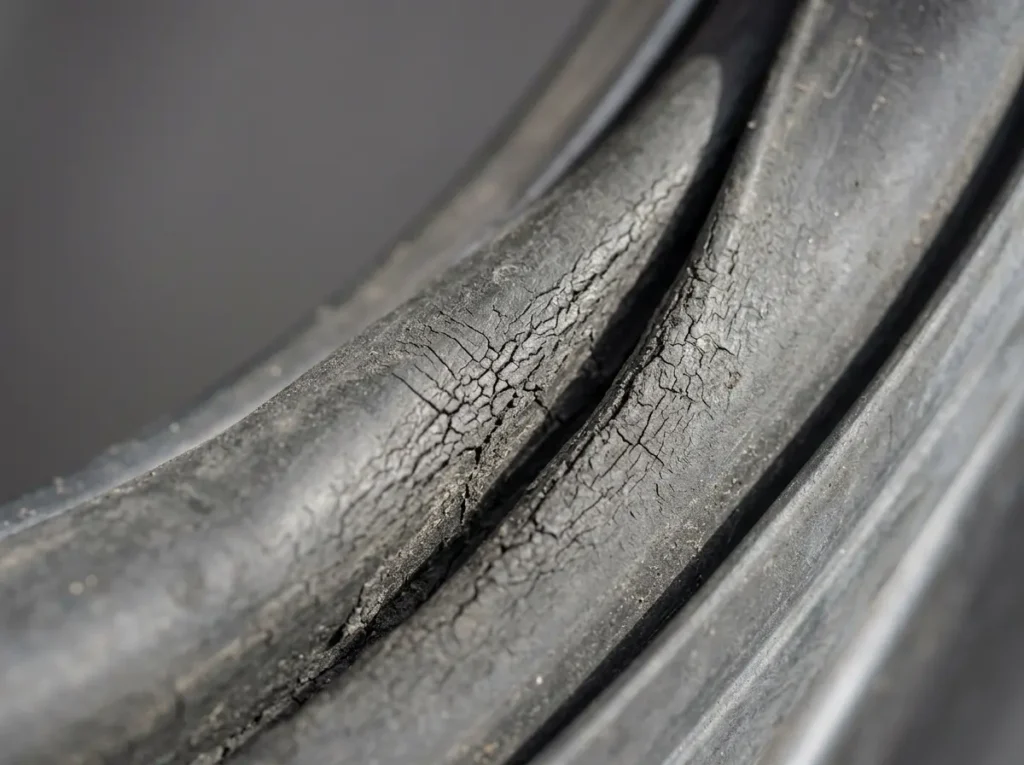Stiff cracked rubber washer door seal showing wear from repeated vinegar use