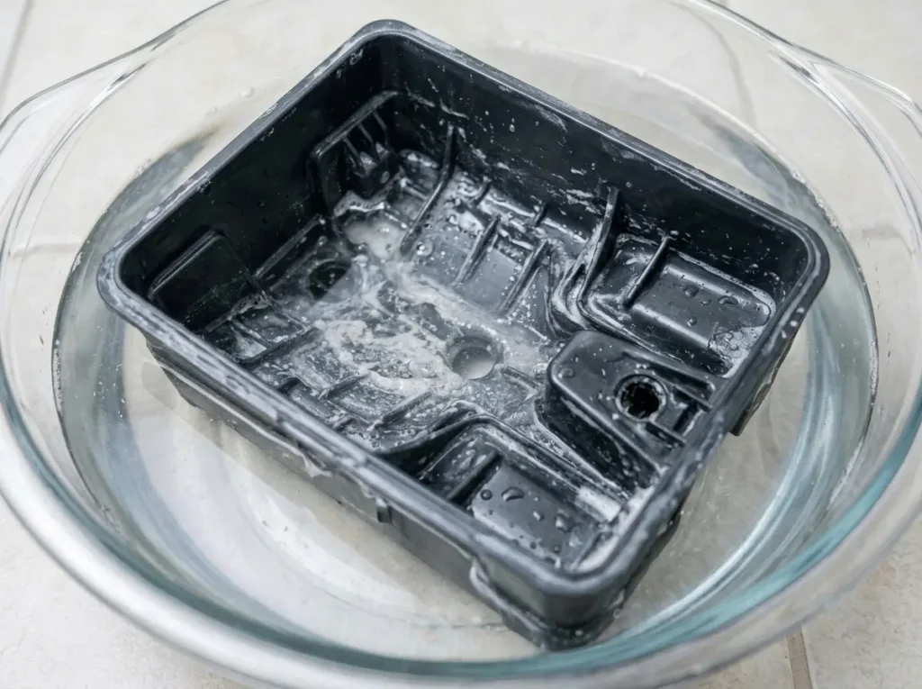 Detergent dispenser drawer soaking in warm water
