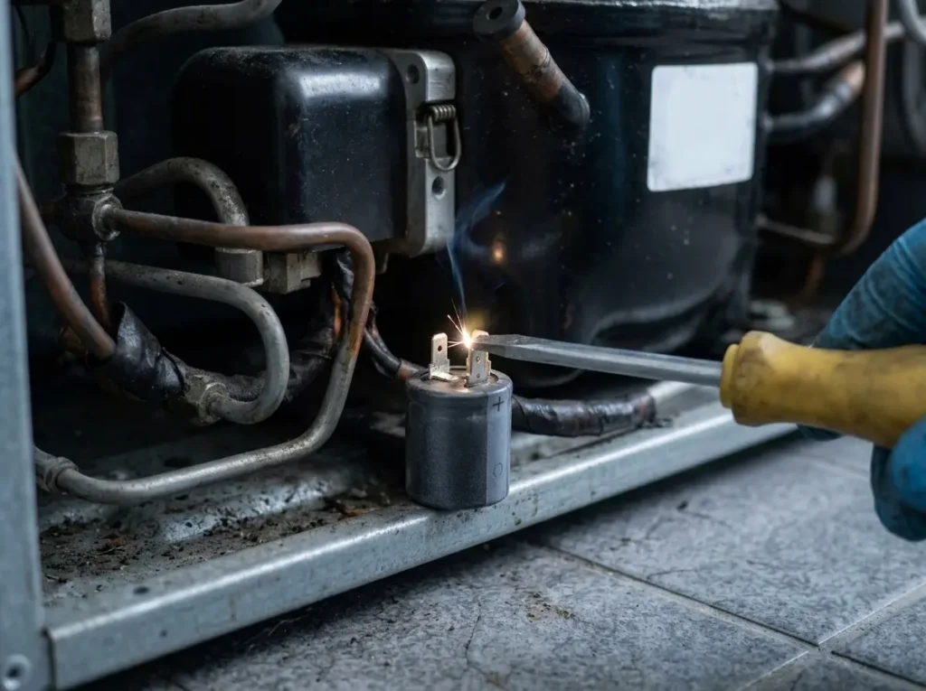 Insulated screwdriver safely discharging a refrigerator run capacitor before repair. maytag fridge clicking?