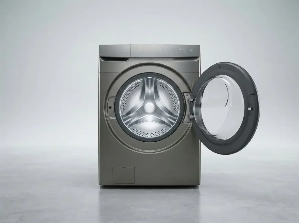 Front load washer with door open showing an empty drum