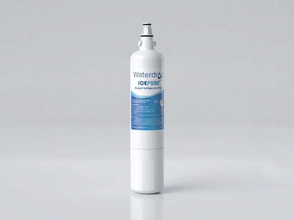 An EveryDrop-style refrigerator water filter cartridge photographed against a plain white background