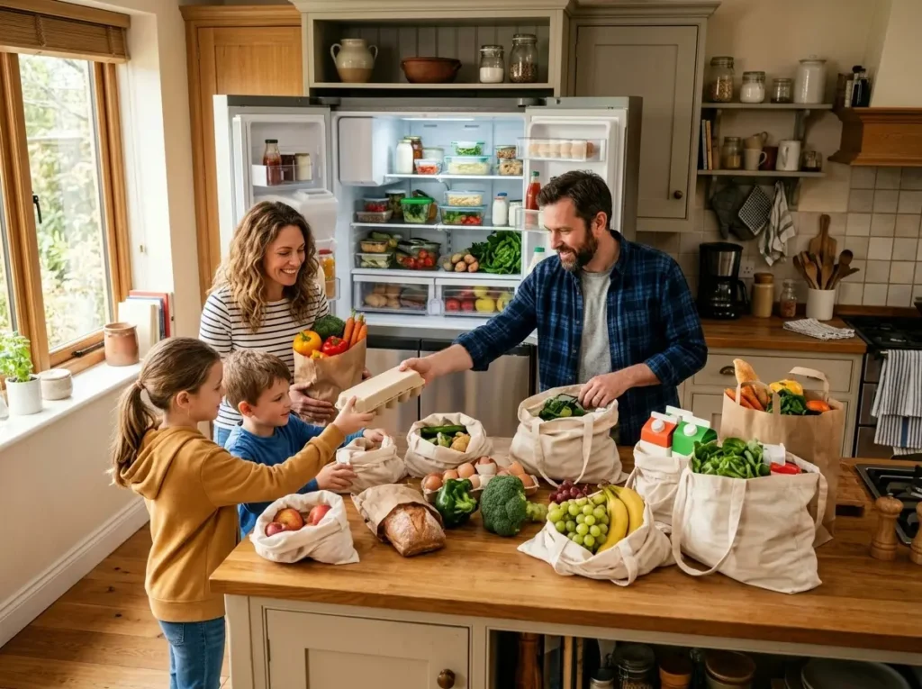 Family unloading groceries in front of an open refrigerator