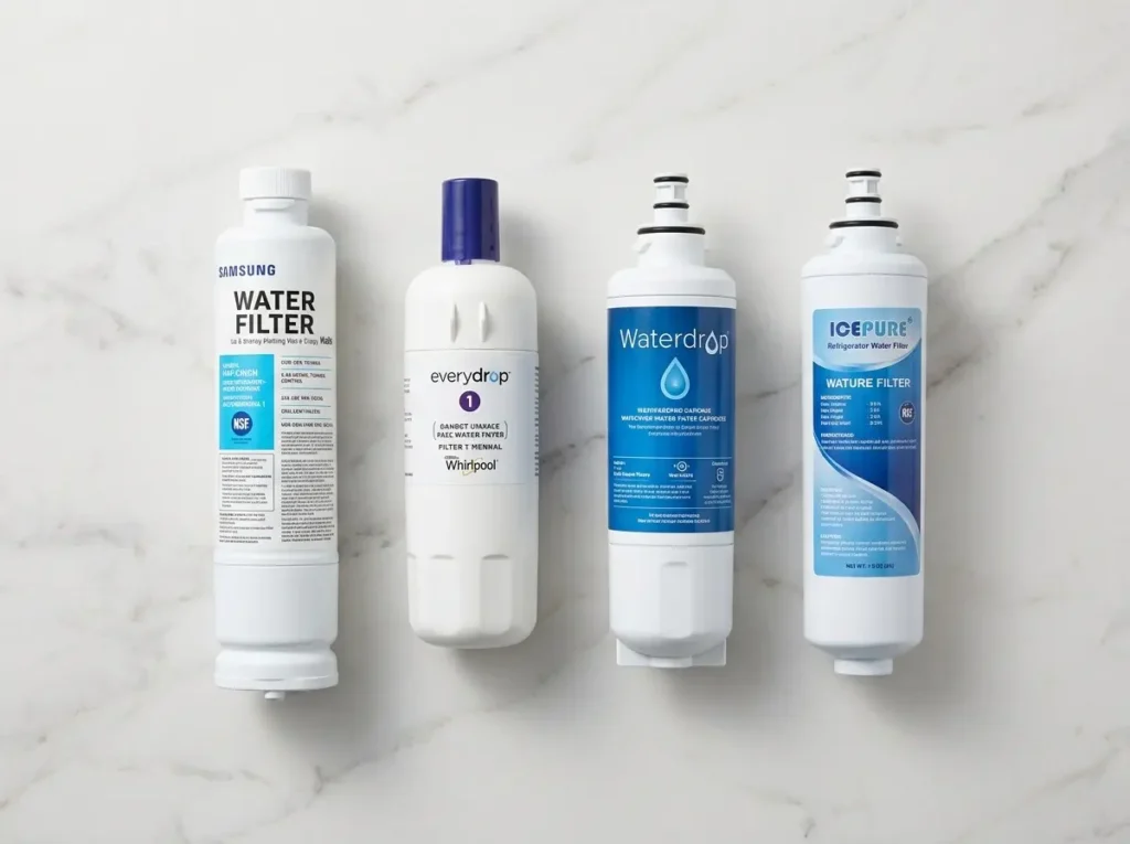 Four different refrigerator water filter cartridges arranged in a row for a side-by-side brand comparison