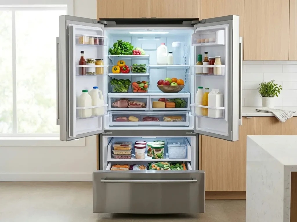 French door refrigerator with freezer drawer pulled out