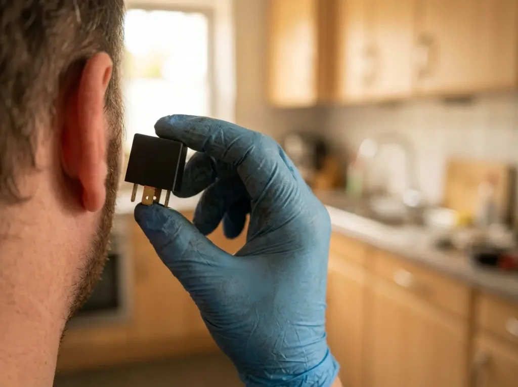 Technician holding a refrigerator start relay near their ear to check for a rattling sound