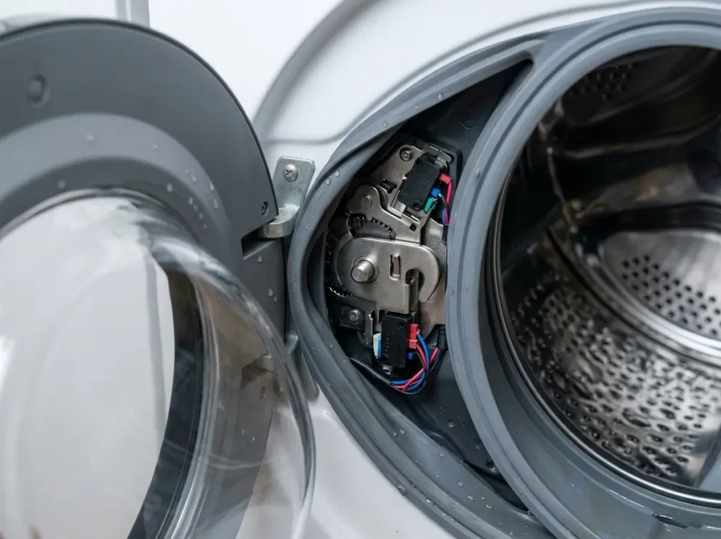 Front load washer door lock mechanism close-up