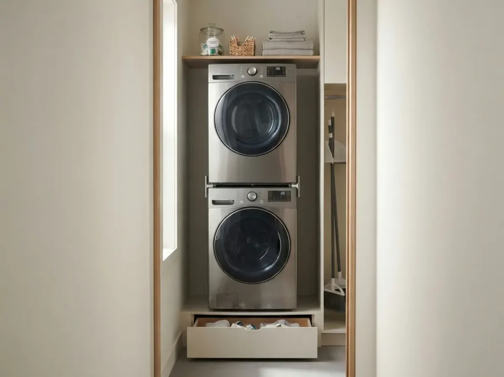Front load washer stacked beneath a dryer in a laundry closet