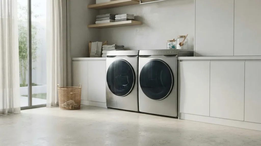 bosch vs maytag the two front load washers on display pedestals in a showroom