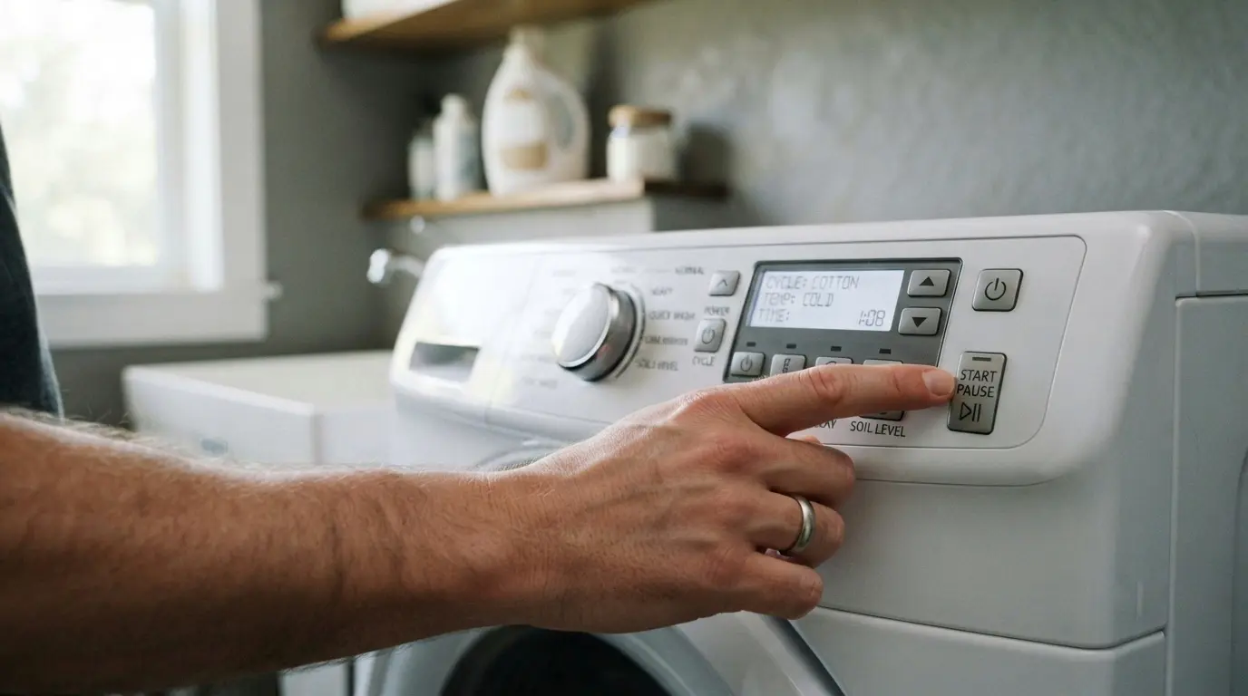 Hand pressing buttons on a washer control panel