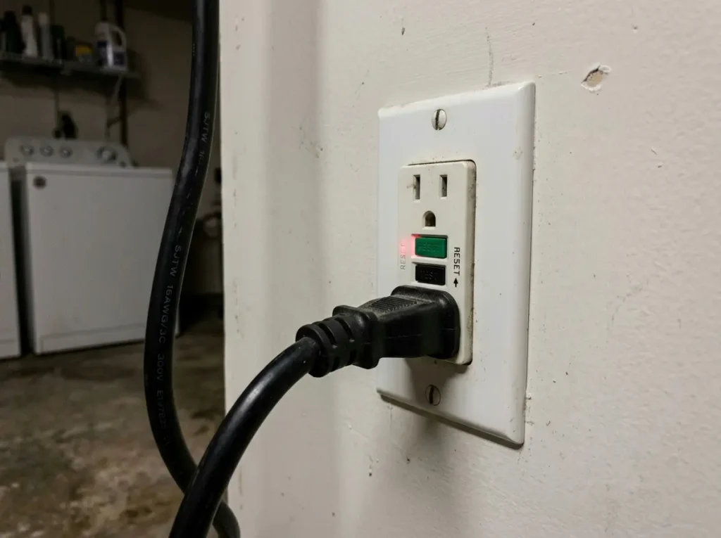 GFCI outlet with a washer power cord plugged in behind a laundry appliance