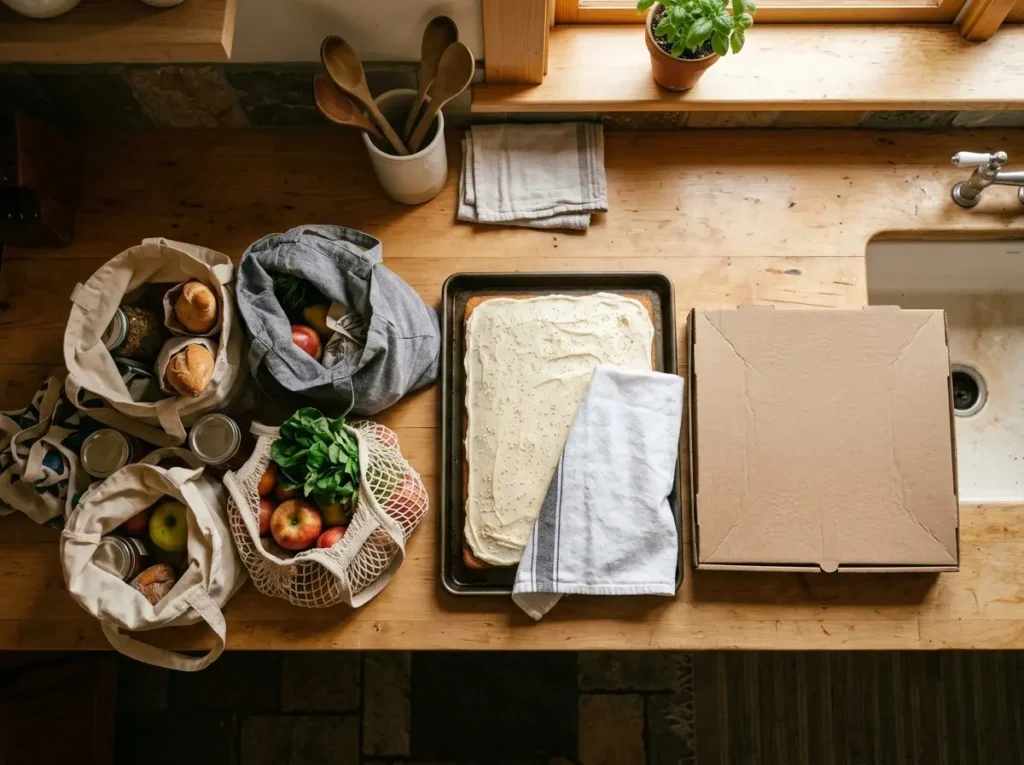 Grocery bags, sheet cake pan, and pizza box on a counter
