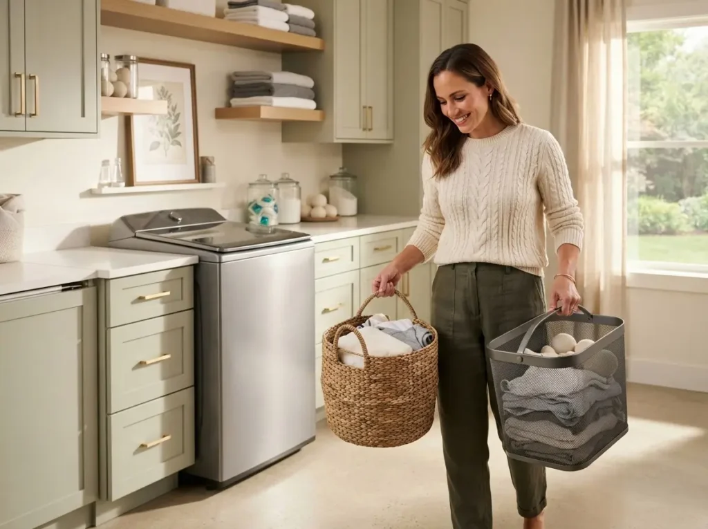 Homeowner comparing laundry baskets beside a top load washer