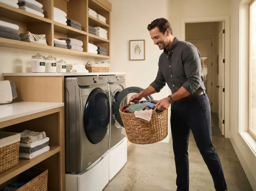 Homeowner loading a laundry basket into a front load washer