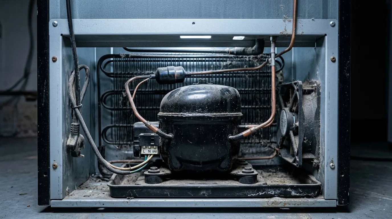 Refrigerator rear compressor compartment with panel removed
