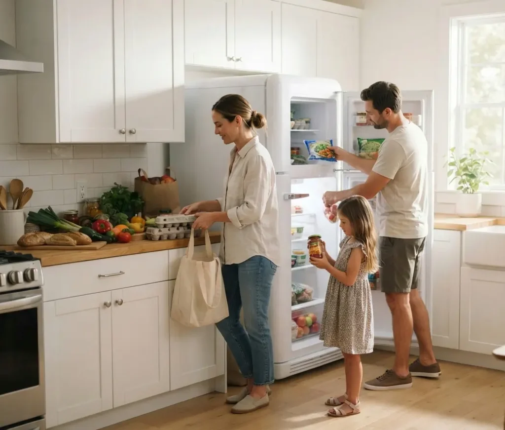 Classic reliable Whirlpool-built Kenmore-style fridge in a family kitchen