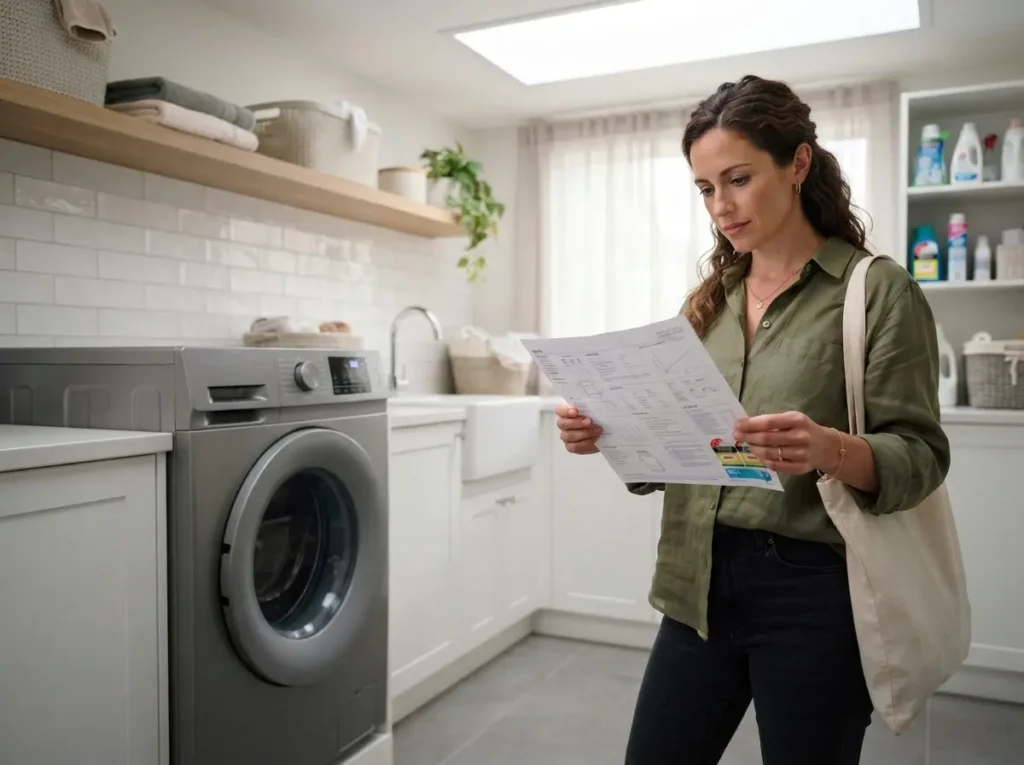 Shopper comparing spec sheets for a front-load Kenmore-style washer