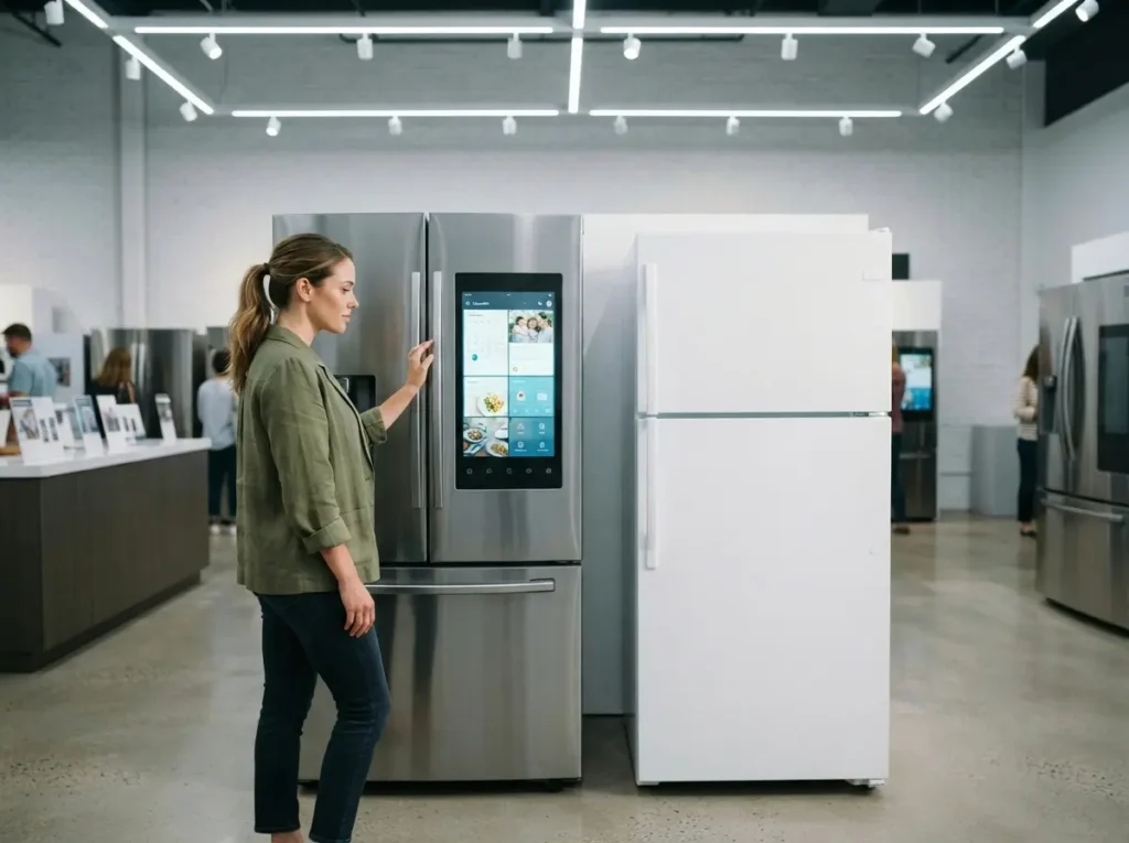 Comparing a smart display fridge against a simple mechanical fridge while shopping