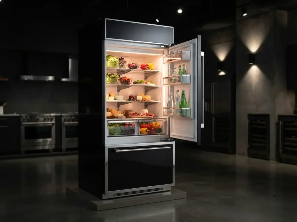 Glossy high-tech Kenmore Elite showroom display with chrome trim and LED lighting