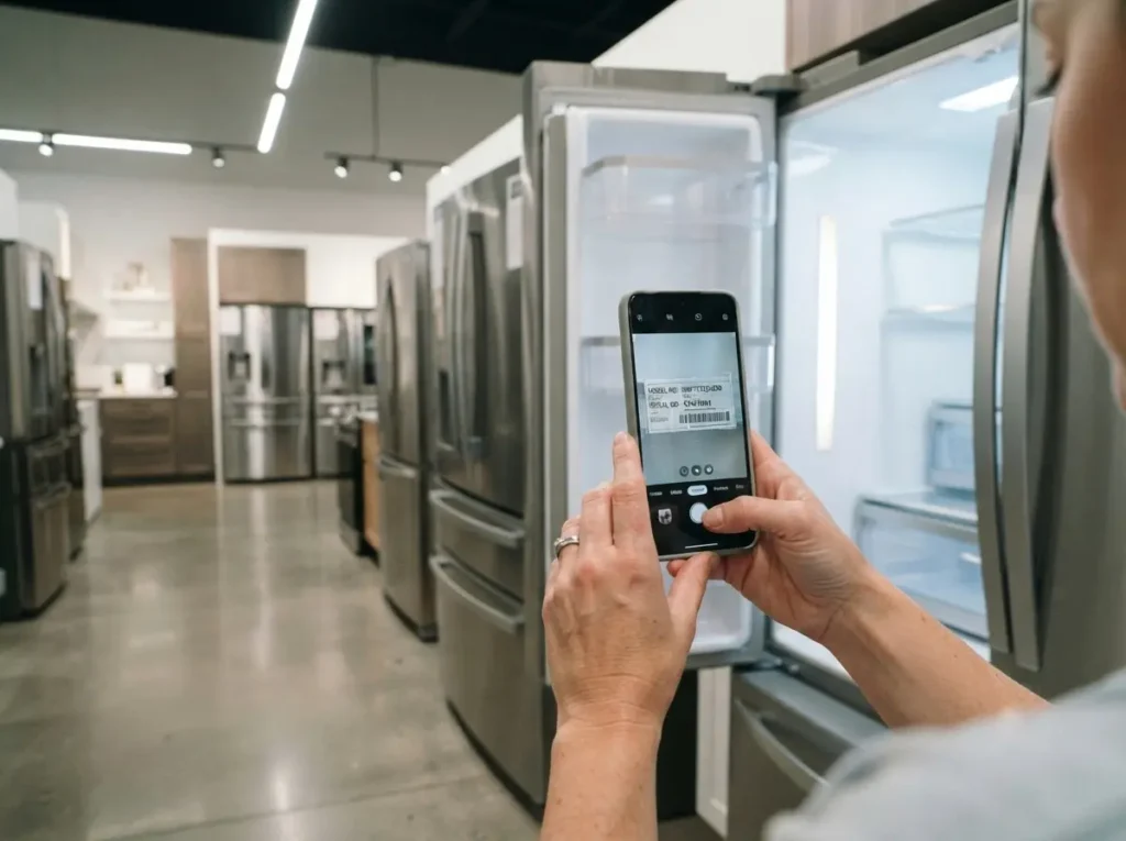 Close-up of a shopper checking a Kenmore refrigerator's model number tag