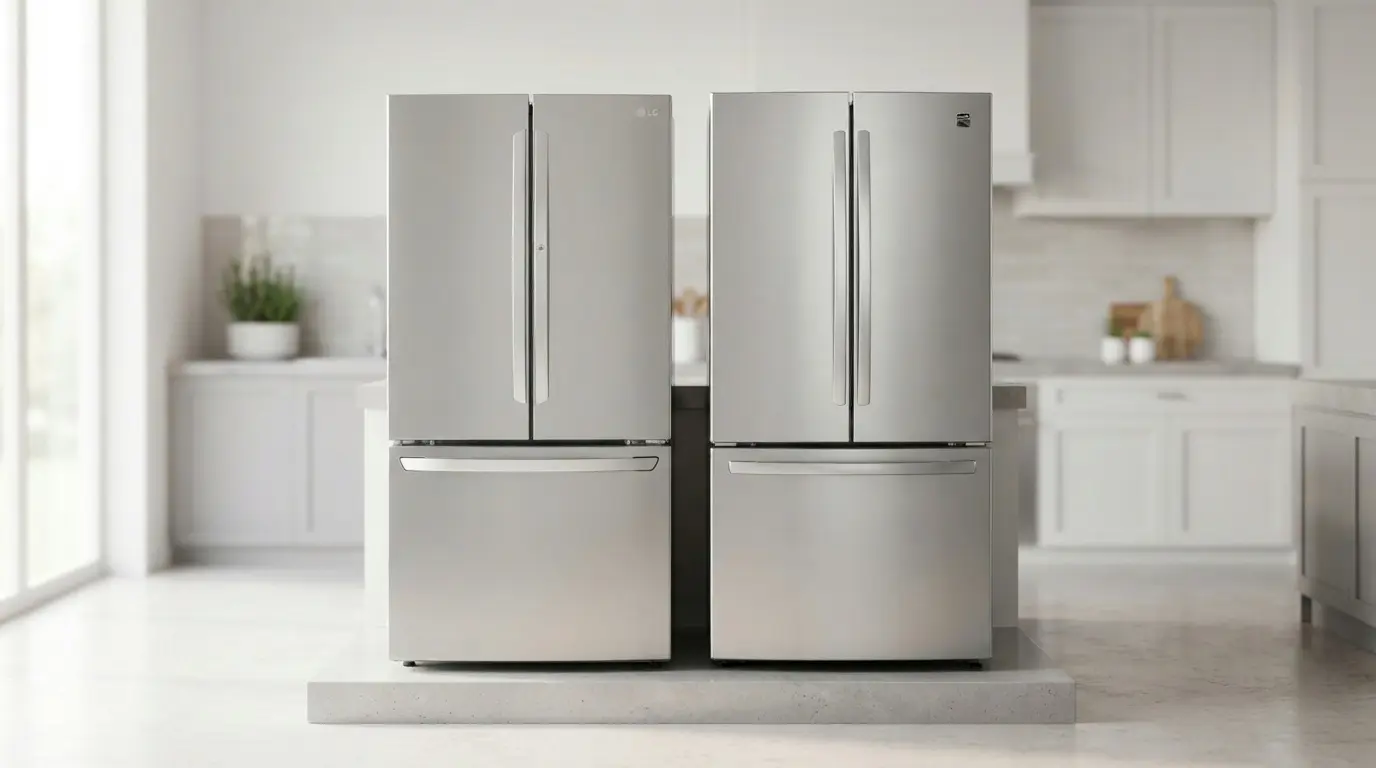 Kenmore vs LG refrigerator side by side in a modern kitchen showroom