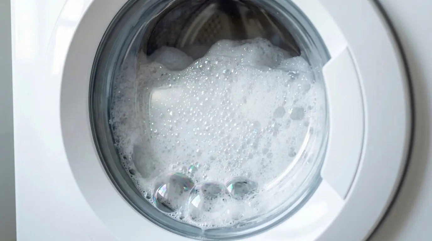 Thick suds visible through a front load washer door
