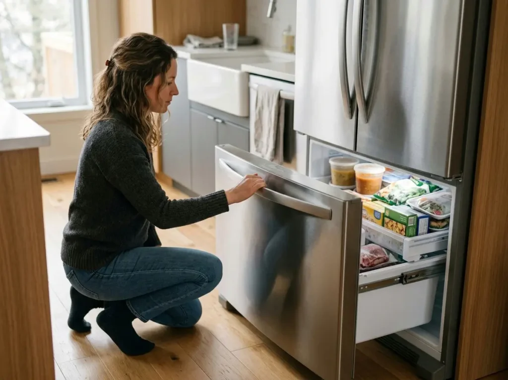 Person kneeling to open a lower freezer drawer