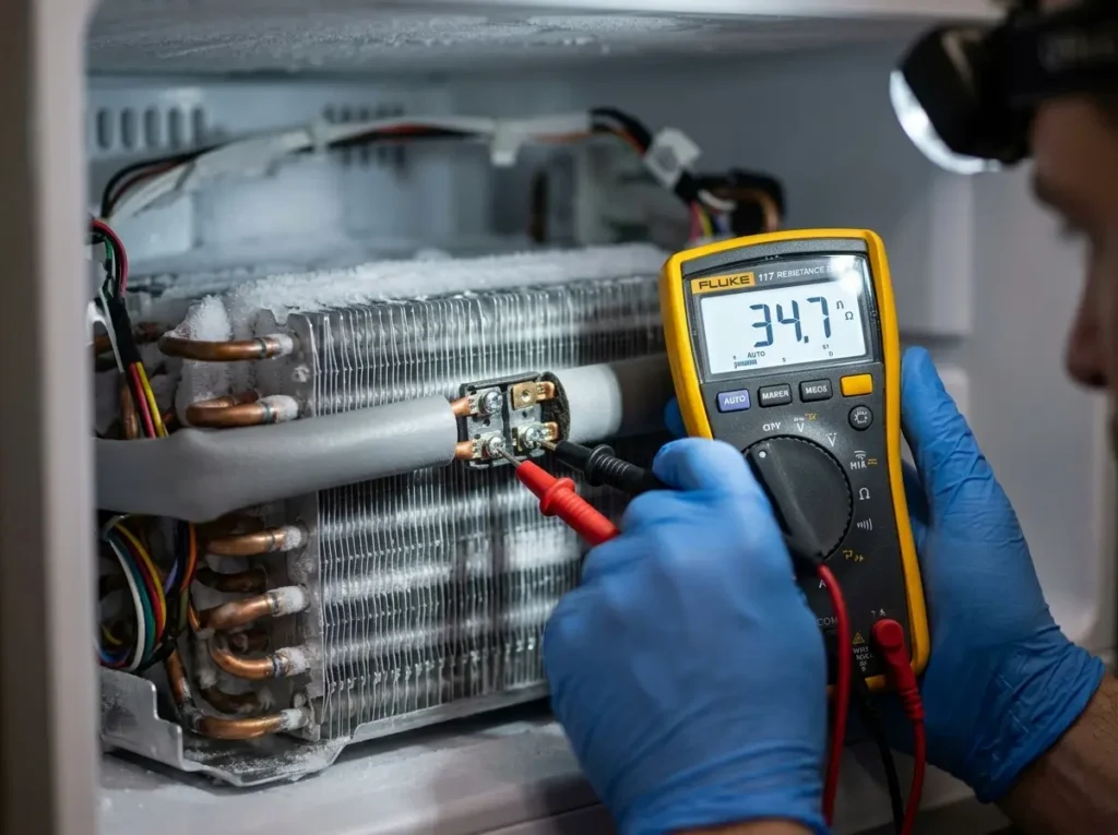 Testing a new LG defrost heater with a multimeter before reassembly