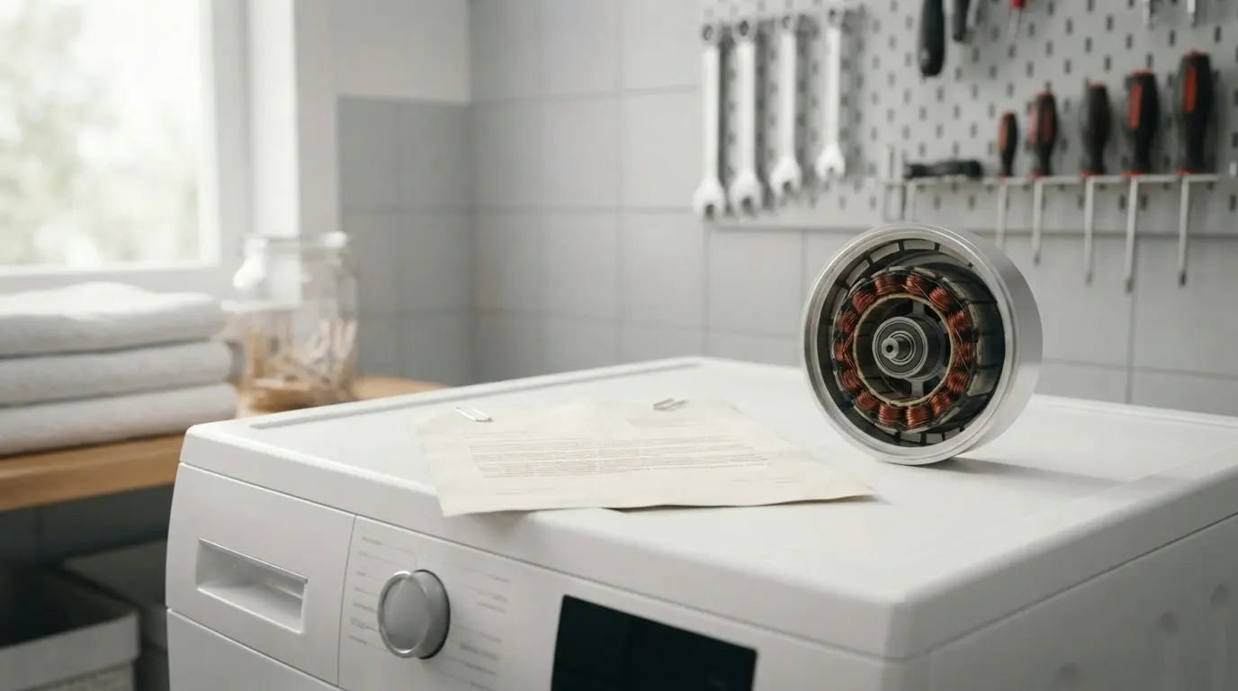 Warranty document placed beside an open front load washing machine motor panel
